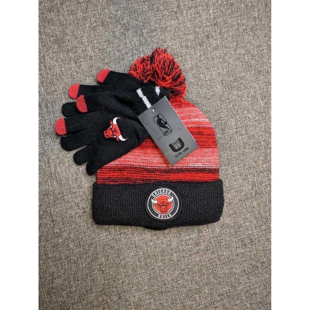 NBA Youth Pom Beanie Knit Winter Cuffed Hat & Gloves Set Red Black‎ One Size